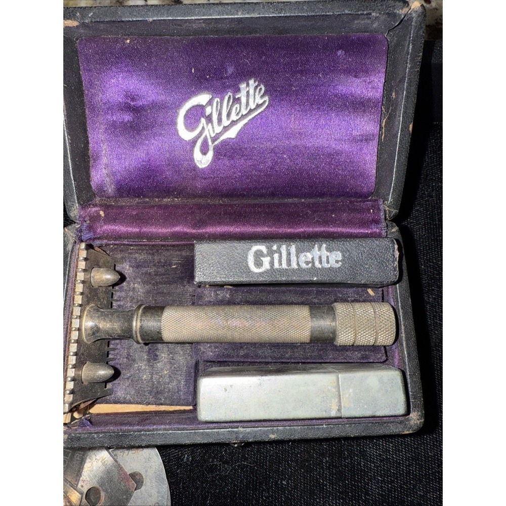 Antique 1912 Gillette Silver Old Type Standard Set Rasor‎ And Blades Boxed 5247